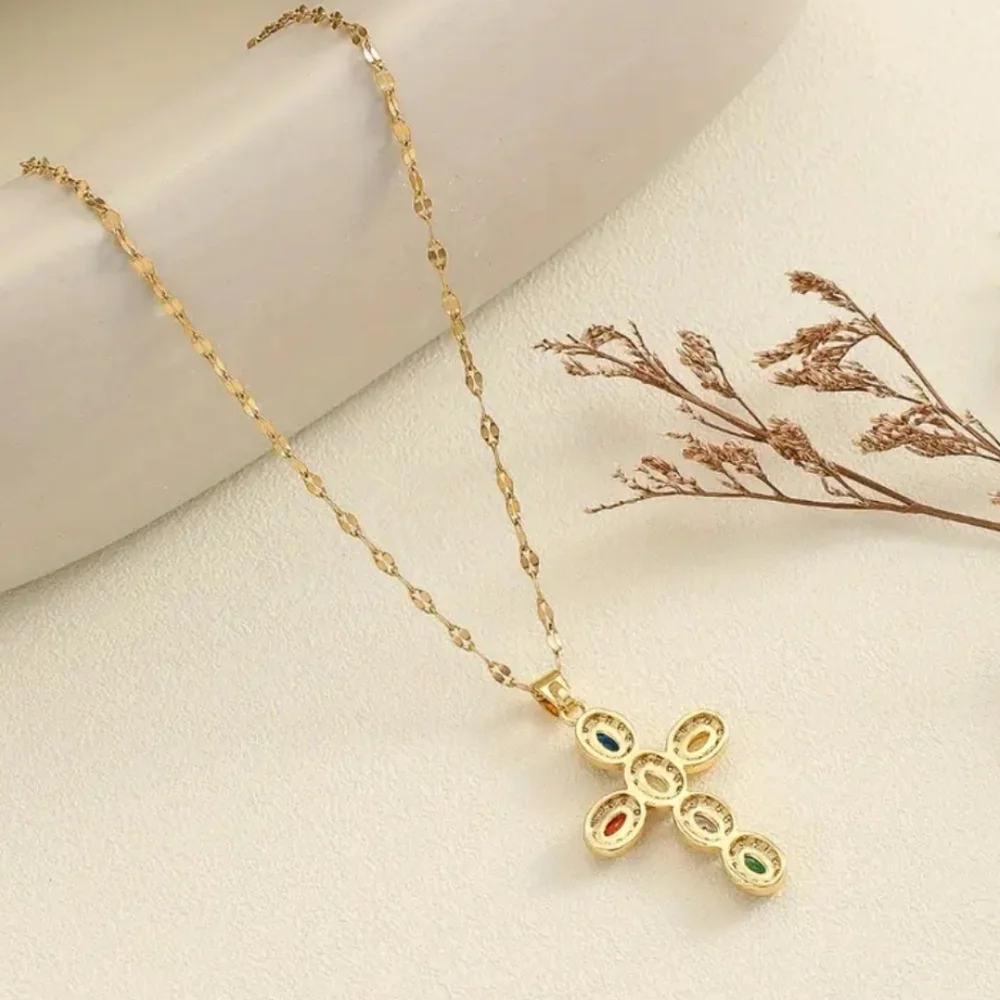 Ladies Elegant Multicolor Gemstone Cross Pendant Necklace
